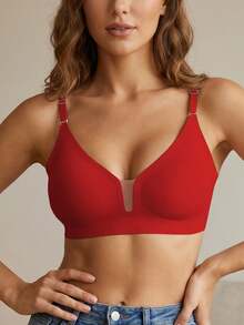 1pc Women's Casual Minimalist Solid Color Deep V-Neck Spaghetti Strap Backless Bra, Comfortable & Suitable For Wedding Dress - Red - View 3