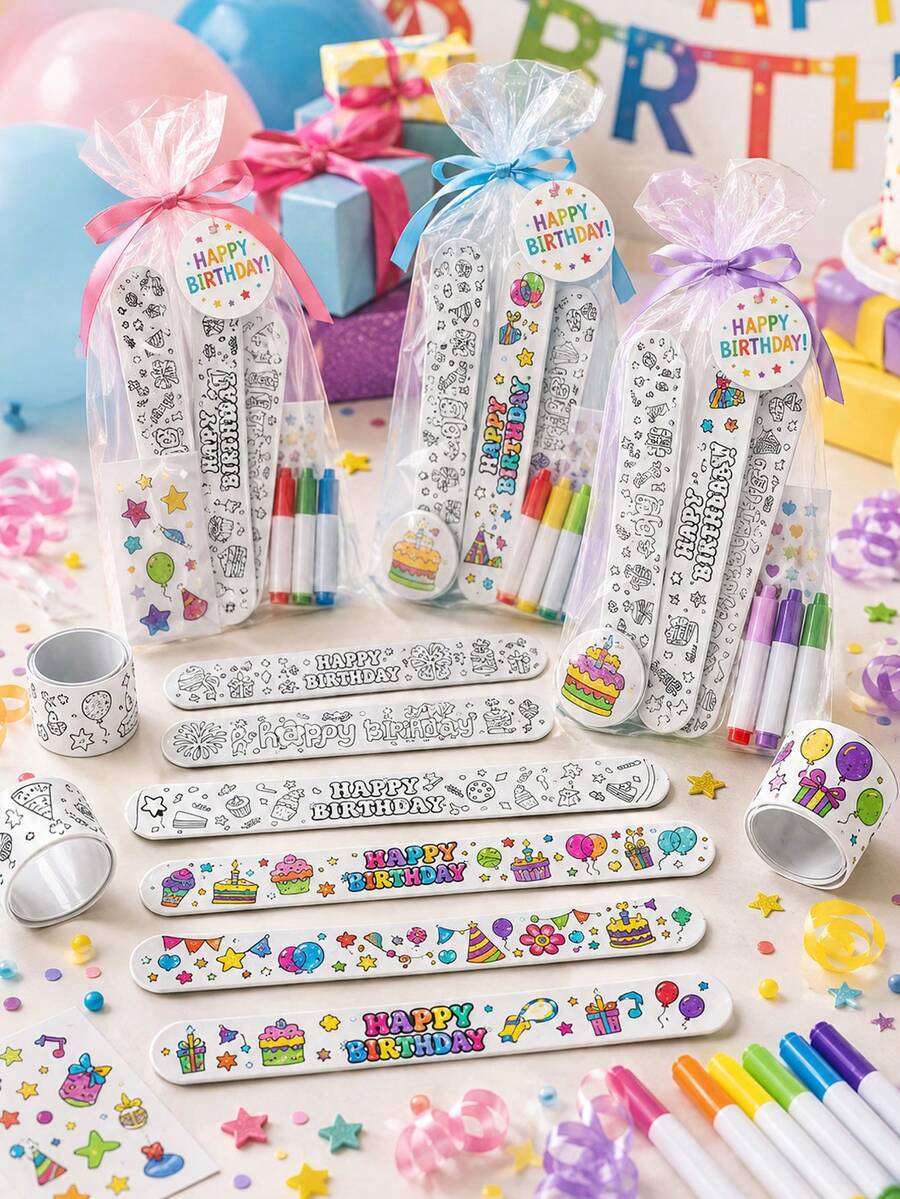 32/16/10/4件生日主題著色頁，派對小禮品，生日派對互動獎品，派對禮物，非常適合填充生日禮物袋（不含其他配件） - 黑與白 - 查看 1