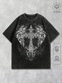 Camiseta de manga corta con cuello redondo y diseño retro lavado para hombre, talla, para primavera y verano.Corte holgado, tallas-5XL.Patrón de alas de cruz gótica.Adecuado para sa - Blanco - Ver 1