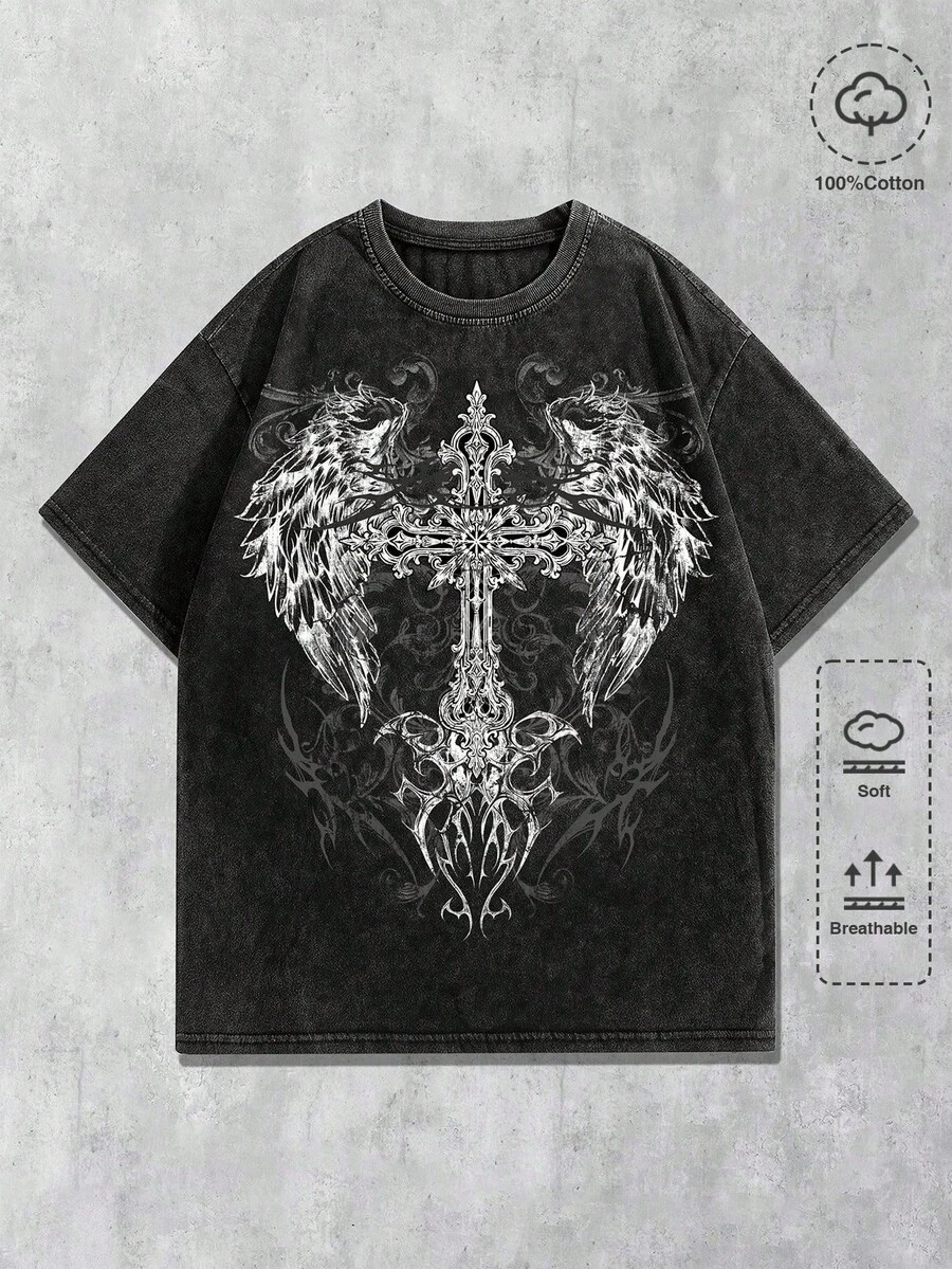 Camiseta de manga corta con cuello redondo y diseño retro lavado para hombre, talla, para primavera y verano.Corte holgado, tallas-5XL.Patrón de alas de cruz gótica.Adecuado para sa - Blanco - Ver 1
