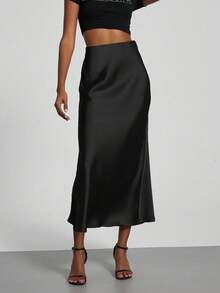 Falda maxi de satén con textura elástica de moda para mujer - Rojo Primavera - Negro - Ver 1