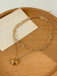 1pc Fashionable Minimalist Versatile Romantic Double-Layer Heart Pendant Necklace, Suitable For Multiple Occasions - Silver - View 2