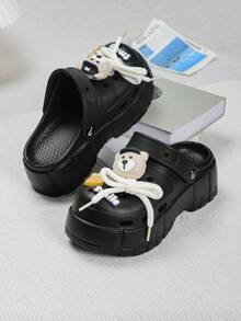 ASOFTER Women's Thick Sole Hollow Sandals, New Spring/Summer Design With Bear Pendant, Fries & Lace Decor, Suitable For Casual, Dating, Commuting, Fashion & Versatile - Black - View 3