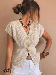 Vintage Luxury V-Neck Knit Short Sleeve Cardigan Women's Summer New Slimming Waist Metal Button Elegant Commute Top - Apricot - View 2