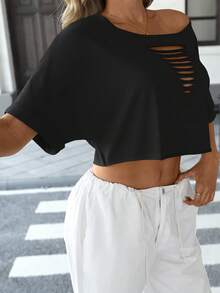 Camiseta de Manga Corta para Mujer, Estilo Casual con Dobladillo Enrollado, Manga Murciélago y Corte Holgado, Cómoda y Desgastada - Negro - Ver 2