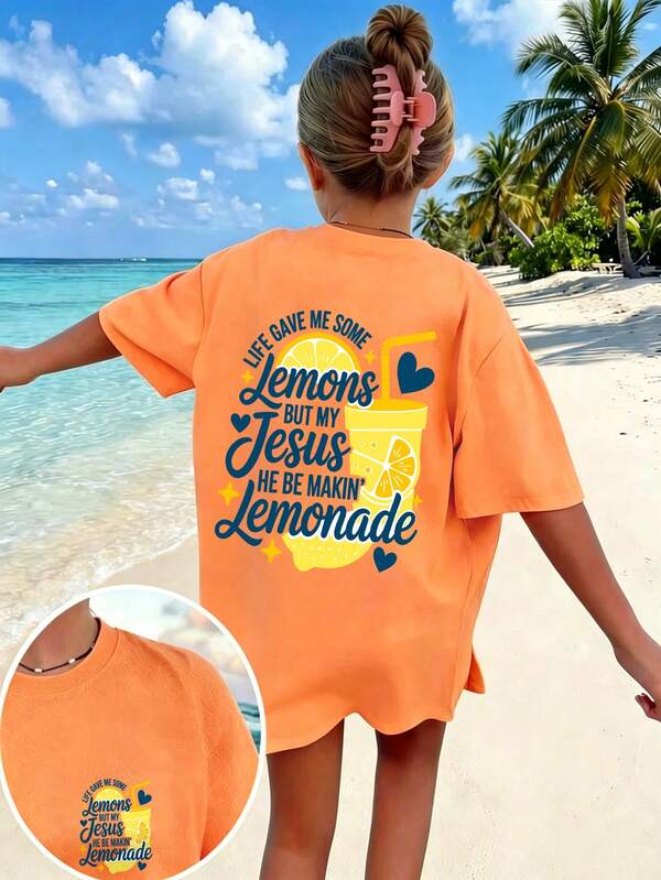Tween Girls' Casual Funny Print Crew Neck Short Sleeve T-Shirt, Summer Top