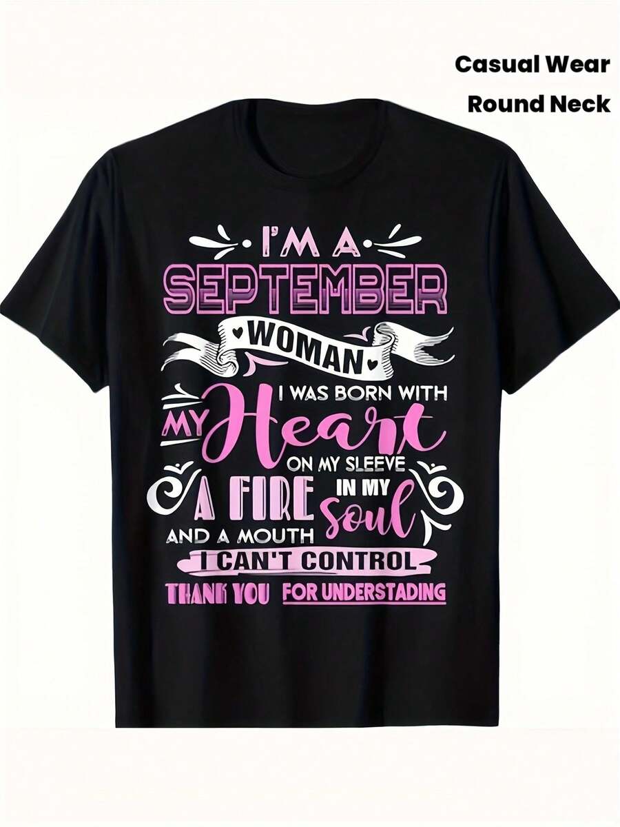 Soy una mujer nacida en septiembre, regalos de cumpleaños, camiseta para chica nacida en septiembre, regalo para papá, suave y cómoda, cuello redondo, manga corta - 220g, unisex, artículos d - Negro - Ver 1
