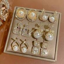 12pcs Premium Luxury Pearl Earrings For Women, New Hot-Selling Rhinestone Stud Earrings, Niche Design Elegant Ear Jewelry - Gold - View 1