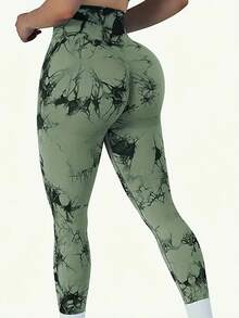 Women's High Waist Peach Butt Seamless Tie-Dye Stretch Fitness Yoga Pants - verde - 查看 1