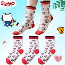 SANRIO 1雙/3雙 女款正版授權 Hello Kitty 紅白對比荷葉邊中筒襪，滿版提花，不易開裂，復古學院風，青春風格中筒襪，適合四季穿著，最佳好友生日禮物、節日週年禮物、聖誕節、新年假期、派對伴手禮 - 白色 - 查看 2