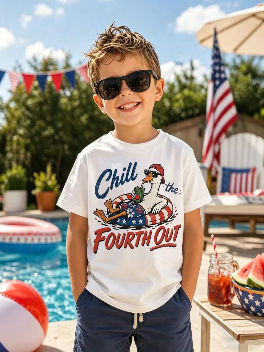 Chill The Fourth Out Duck T-Shirt For Boys, Toddler 4th Of July T-Shirt, Patriotic Floating Duck T-Shirt For Kids, Summer Vacation T-Shirt, Children's Clothing - 白色 - 查看 1