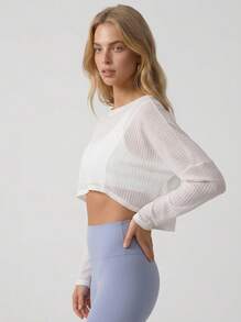 Never me Women's Solid Color Asymmetric Hem Cropped Striped Semi-Sheer Drop Shoulder Loose Round Neck Thin Elastic Comfortable Running Yoga Long Sleeve Sports Cover-Up - White - View 4
