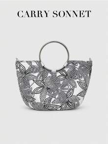 CARRY SONNET - Damen Handtasche mit besticktem Blumenmuster und Ringgriff, strukturierte Halbmond-Tasche für Party und Anlässe - Silber - Übersicht 7