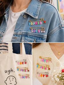 Custom Name Baby Safety Pin Brooch - Personalized Colorful Letter Pendant Brooch, Sweet Style Bow & Heart Children's Commemorative Jewelry, Birthday Gift - Multicolor - View 7