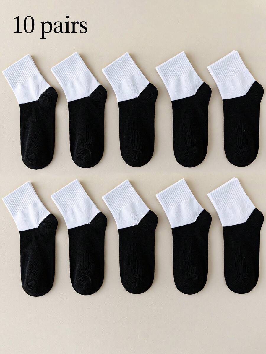 10 Pairs Classic Sports Style Student Socks, Suitable For 1-16 Years Old Boys And Girls, All Seasons Spring, Summer, Autumn, Winter, Round Neck Design, Easy To Clean, Black And White Color - Black and White - View 1