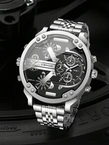 1pc Men's Multi-Time Zone Quartz Watch, All Black Large Dial Multi-Function Alloy Band Wristwatch, Street Style Cool Sports Watch, Versatile Gift, Watch Box Not Included - Silver - View 5