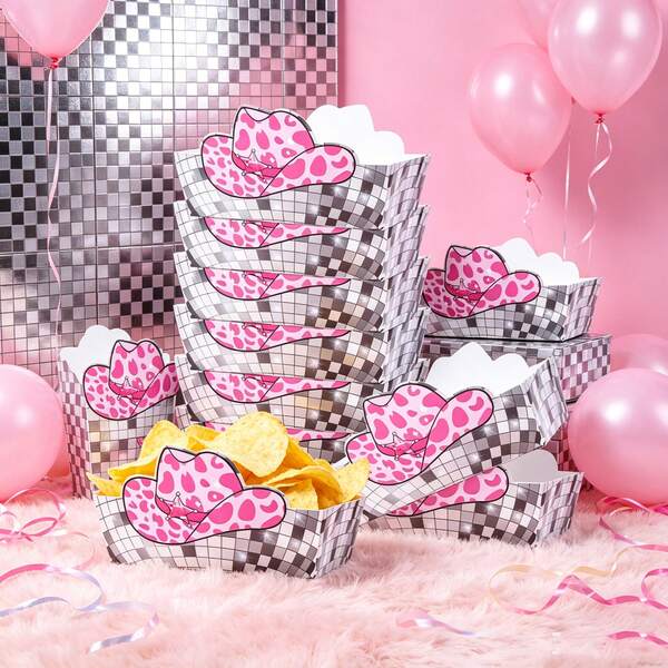 10/20/50pcs,Pink Leopard Cowgirl Hat Paper Food Trays,Western Cowgirl Disposable Nacho Boats Snack Trays,Cowgirl Themed Party Supplies For Chips Popcorn Hot Dog,Disposable Paper Snack Holders For Cowgirl Birthday Decorations,Snack Bar Decor