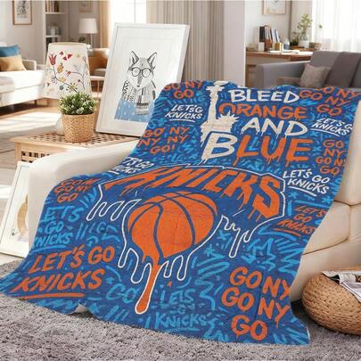1Pc  Knickss New York Basketball Team Graffiti Print Flannel Throw Blanket Bleed Orange And Blue Statue Of Liberty Design Soft Blanket For Sports Fans Game Day Living Room Bedroom Couch Sofa Home Decor Brunson.Towns