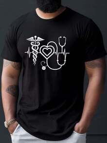 Camiseta con estampado de serpiente y estetoscopio, camiseta de verano de manga corta para hombre, 100% algodón, cómoda, transpirable e informal, 180g. - Negro - Ver 1
