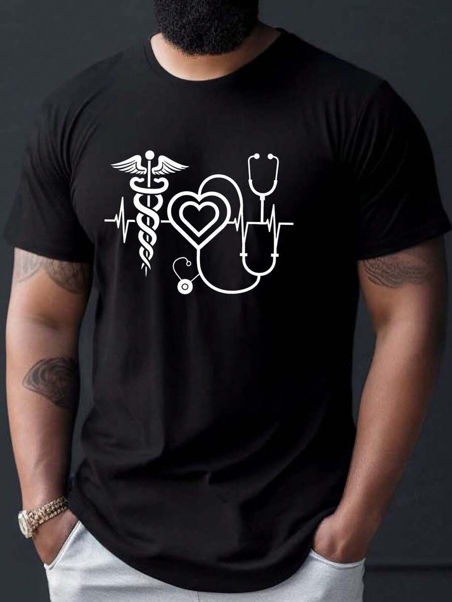 Camiseta con estampado de serpiente y estetoscopio, camiseta de verano de manga corta para hombre, 100% algodón, cómoda, transpirable e informal, 180g. - Negro - Ver 1