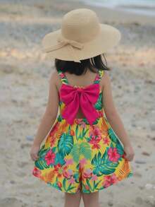 Young Girls' Tropical Print Spaghetti Strap Backless Bow Design Beach Jumpsuit, Spring/Summer - Multicolor - View 1