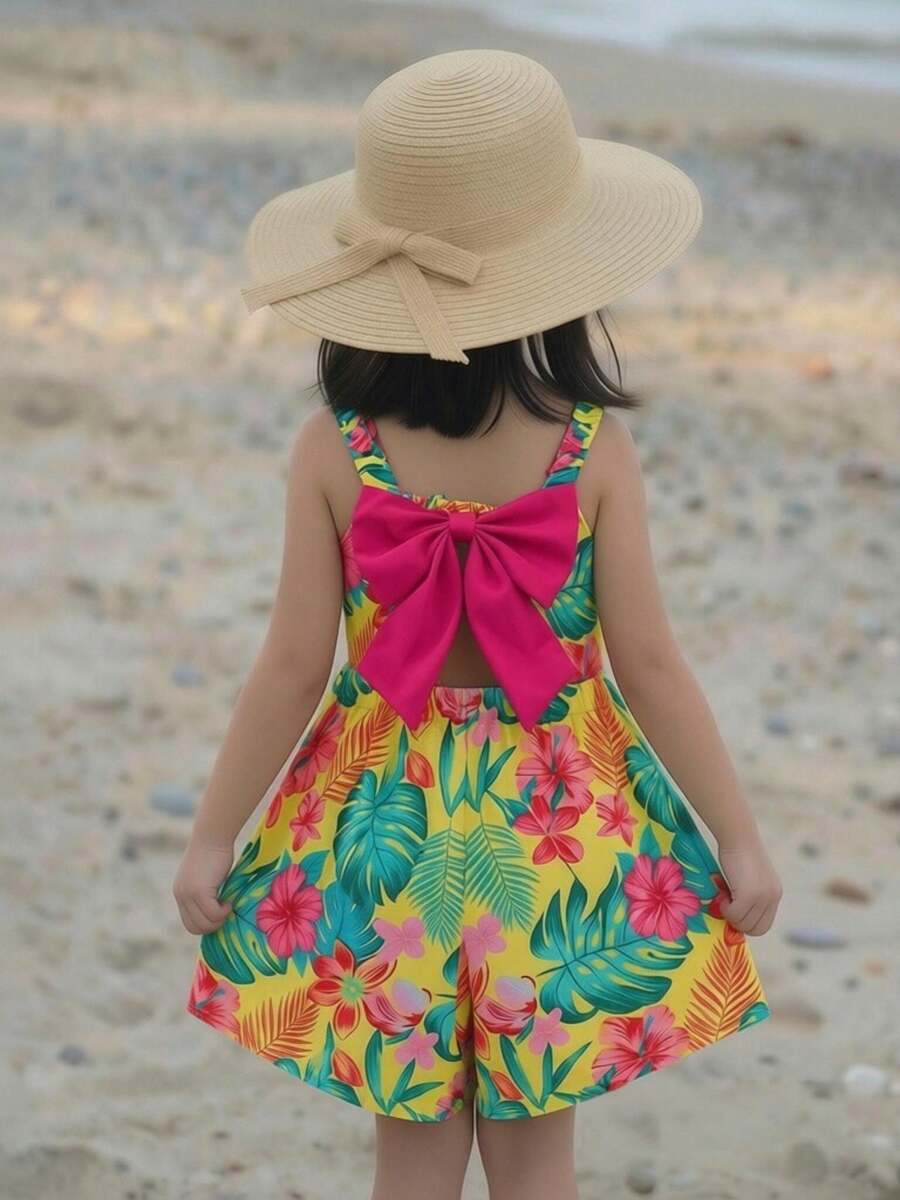Young Girls' Tropical Print Spaghetti Strap Backless Bow Design Beach Jumpsuit, Spring/Summer - Multicolor - View 1