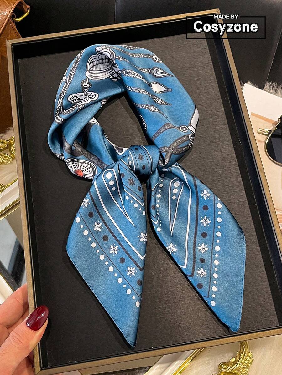 1件仿絲綢優雅設計圖案印花70cm小方巾女式頭巾時尚百搭腰帶領巾圍巾裝飾絲巾領帶髮飾適合日常穿著 - 藍色 - 查看 1
