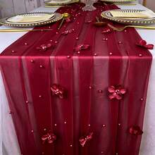 Pearl Table Runner 10ft,Table Cloth Tulle Table Cover,Pearl Table Runner For Wedding Party Baby Shower Birthday Home Decor - Wine Red Flower - View 6