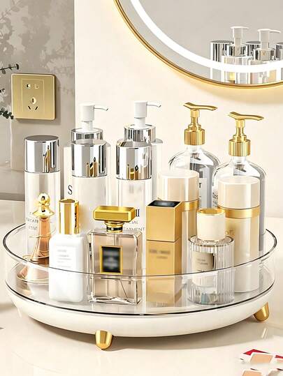 1 pieza Bandeja de almacenamiento de cosméticos giratoria de 360 grados de acrílico - Almacenamiento de productos para el cuidado de la piel de gran capacidad para personas perezosas, adecuado para maquillaje/perfume/loción. Decoración de escritorio minimalista. Organizador de cosméticos giratorio. Estante de almacenamiento de productos para el cuidado de la piel de gran capacidad, bandeja de almacenamiento simple.