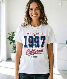 Camiseta de manga corta para mujer,Camiseta para mujer manga corta con texto California 1997, blusa casual verano - Blanco - Ver 1