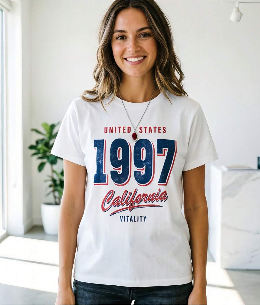 Camiseta de manga corta para mujer,Camiseta para mujer manga corta con texto California 1997, blusa casual verano - Blanco - Ver 1