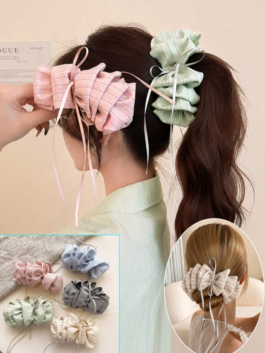 topshiny Women's Striped Fabric Bow Banana Clip, Layered Ruffle Hair Clip, Large Ponytail Hair Tie, Cute French Style Daily Wear Hair Accessory,Hair Claws