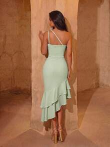 ADYCE Elegant One-Shoulder High-Waist Pleated Asymmetric Flared Hem Open Back Midi Party Evening Dress Suitable For Prom, Date, Homecoming, Wedding - Mint Green - View 2