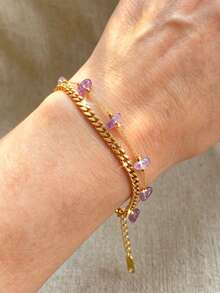 Light Luxury Purple Pendant Double Layer Bracelet 18K Gold Plated Cuban Chain Design Daily Commute / Date Versatile Niche Jewelry (Purple Pendant Size And Shape Vary Randomly) - Purple - View 1