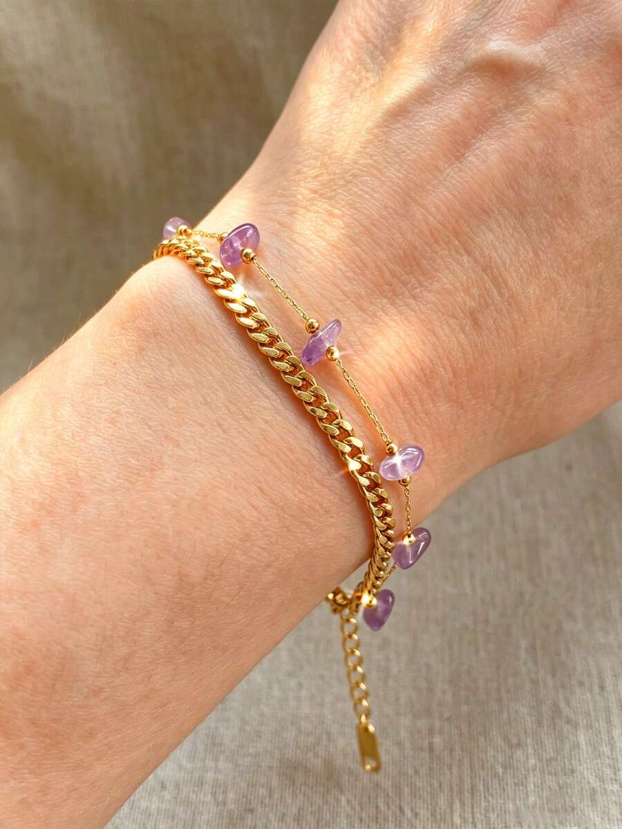 Light Luxury Purple Pendant Double Layer Bracelet 18K Gold Plated Cuban Chain Design Daily Commute / Date Versatile Niche Jewelry (Purple Pendant Size And Shape Vary Randomly) - Purple - View 1