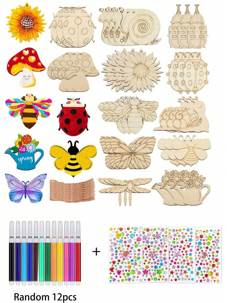 Set casuale di 24 pezzi di insetti in legno fai-da-te, kit di artigianato per dipingere insetti in legno non verniciati, include insetti in legno non verniciati, pennelli e vernici, adatto per decorazioni festive e progetti artistici personalizzati, ideale per la decorazione della casa - Multicolore - Visualizzare 1
