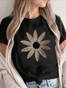 Women's Cotton Crew Neck T-Shirt, Casual Graphic Print Short Sleeve Tee, Soft And Breathable Pure Cotton Top, Fashionable Printed Blouse For Everyday Wear - 黑色 - 查看 1