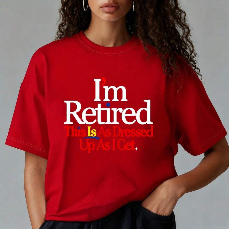 Camiseta de Algodón para Mujer, Estampado "Me Retireí, Así es lo más elegante que me visto", Corte Holgado Casual, Manga Corta, Cuello Redondo, Top Cómodo para Uso Diario, Tallas M-5XL, Suav - Rojo - Ver 1