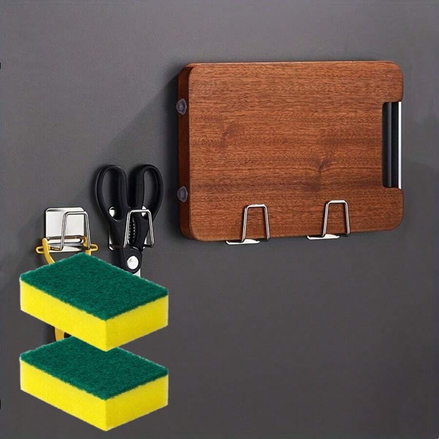 1pcNon-Perforated Stainless Steel Sponge Rack, Kitchen Sink Draining Rack, And Bathroom Sponge Rack With Hooks. Suitable For Gifts On 20 Different Occasions. Easy-To-Install Wall Hook Design, Highly Water-Resistant And Less Likely To Fall Off - Silver - View 1