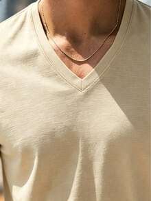 Camiseta de manga corta con cuello en V de unicolor casual y versátil para hombres - Albaricoque - Ver 5