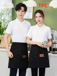 [Canvas Apron] 1pc Extended Waistband Reinforced Seams Kitchen Canvas Apron | Women's Restaurant Waitress Half Apron - Multicolor - View 13