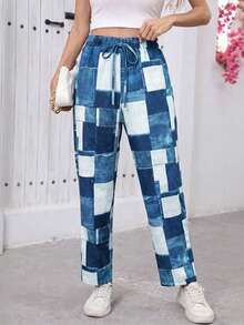 Plus Size Women's Denim Effect Print Drawstring Long Pants Vacation - Blue - View 2