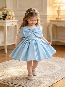 Baby Girl Solid Color Pleated Strap Dress Suitable For Birthday, Party, Outing, Banquet, Wedding Flower Girl, Holiday Celebration - Baby Blue - View 2