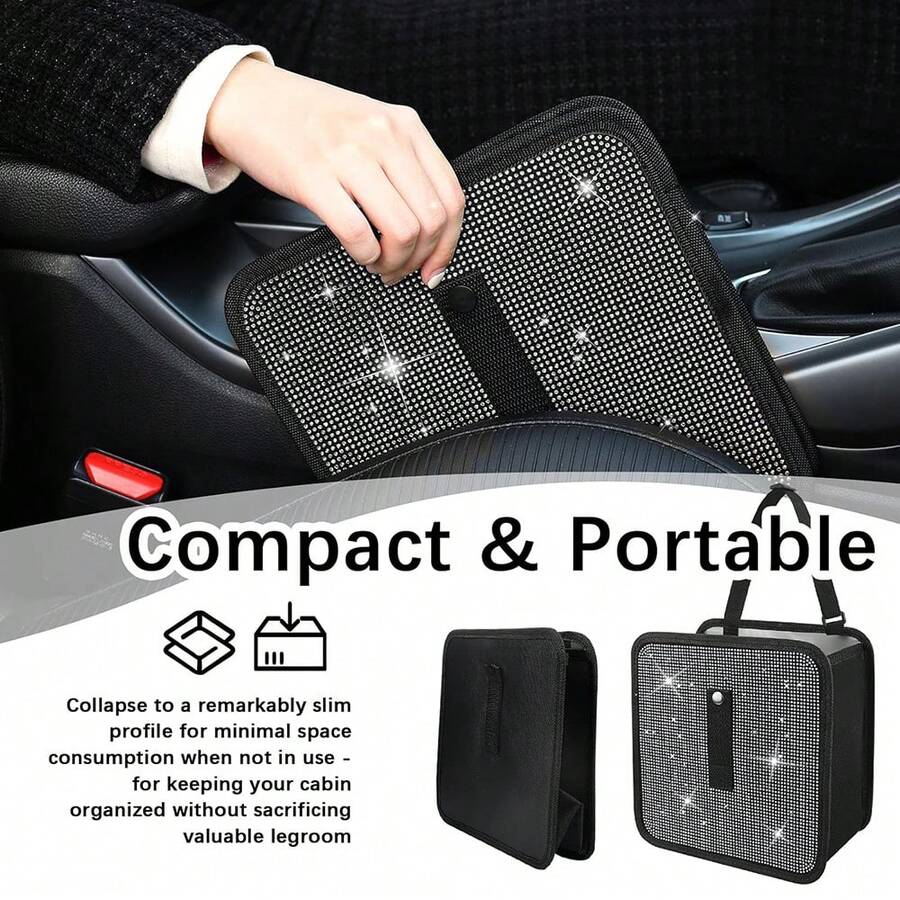 1pc Foldable Rhinestone Car Trash Can, Hanging Car Trash Bin, Suitable For Headrest/Gear Shift Positions, Multi-Purpose Car Trash Can, Can Be Used As Car Storage Box, Suitable For SUV/Truck - A - View 1