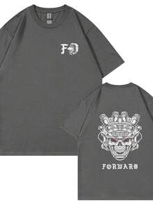 Camiseta de manga corta con estampado de doble cara de calaveras en estilo futurista europeo y americano. - Negro - Ver 8