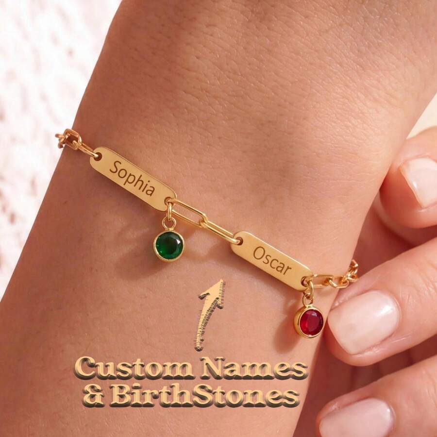 Pulsera personalizada con piedra de nacimiento y nombre, pulsera familiar personalizada, joyería con nombre, pulsera de oro para mamá, regalo significativo para ella - Multicolor - Ver 1