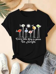 - Oversize-Kurzarmshirt für Damen in großen Größen mit niedlichem Vogel- und Schriftzugmuster (auch für Englisch geeignet) - Lässige Vintage-Bluse mit Rundhalsausschnitt, Freizeitoutfit - Schwarz - Übersicht 2