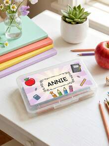 1pc Custom Pencil Case With Name, Clear Pencil Box With Cartoon Apple/Bus Design, Perfect Back To School Gift For Students,Ideal For Classroom And Home Use - Multicolor - View 9
