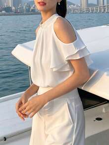 Halter Neck Short Sleeve Shirt Women Summer New Design French Style Open Shoulder Top White - White - View 3
