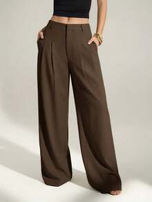 Sexy And Casual Business-Style High-Waisted Wide-Leg Pleated Trousers - Elegant Solid-Color Loose-Fitting Trousers, Professional Office Wear, Work Trousers With Co - 摩卡棕 - 查看 12